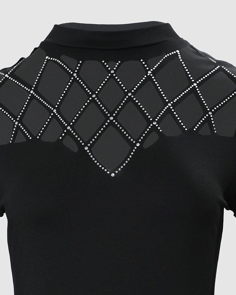 Rhinestone Hollow Out Cold Shoulder Long Sleeve Top Casual Tee