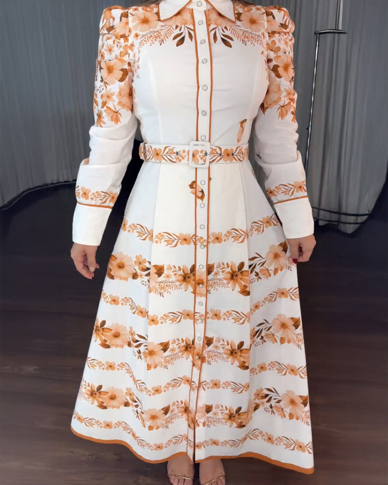 Floral Placement Print Turn-down Collar Puff Sleeve Vacation Dress Casual Button Down Shirt Dress With Belt and Lining