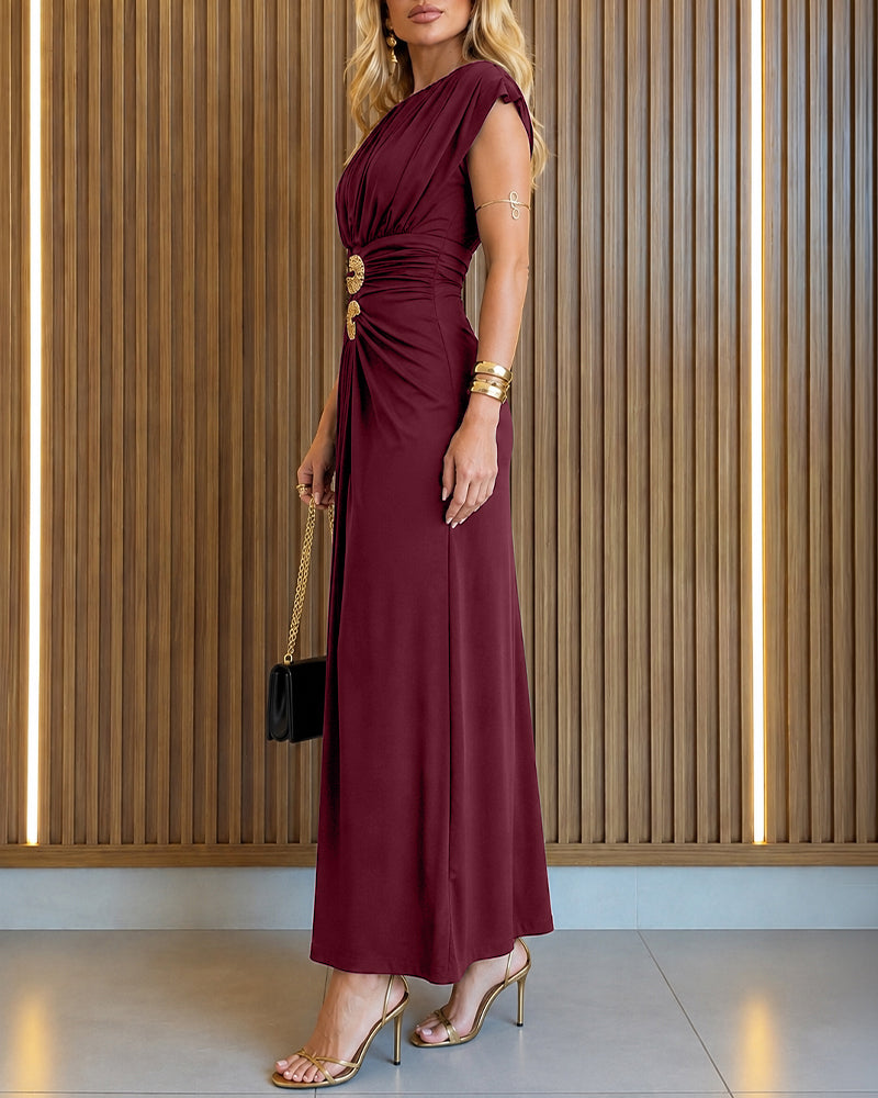 Women's Boat Neck Ruched Maxi Dress Gold Buckle Cap Sleeve Formal Evening Gown