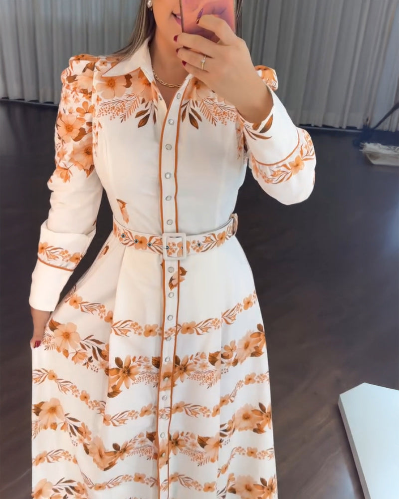 Floral Placement Print Turn-down Collar Puff Sleeve Vacation Dress Casual Button Down Shirt Dress With Belt and Lining