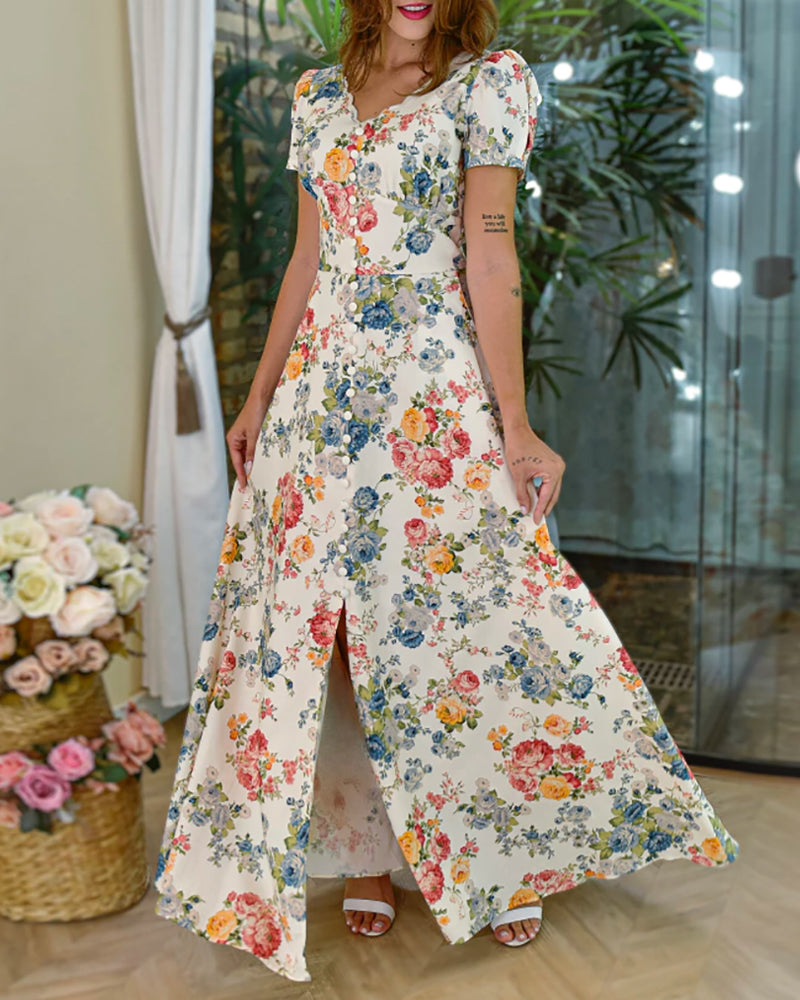 Floral Print V Neck Puff Sleeve Maxi Dress A-Line Flowy Casual Dress With Pockets