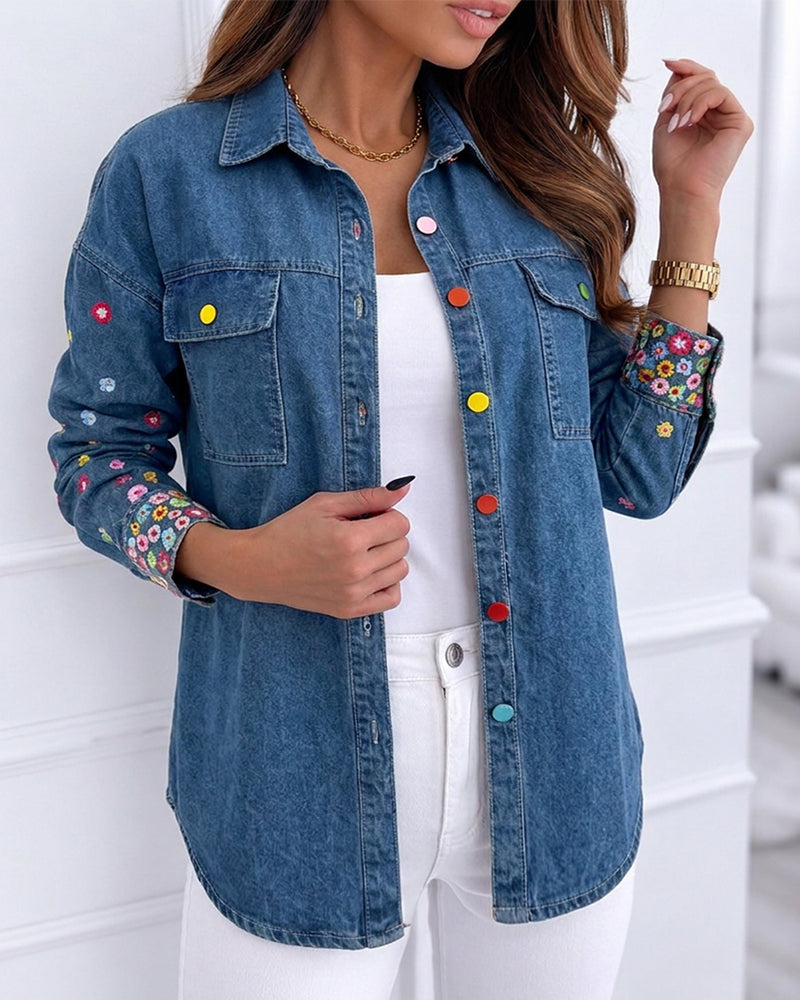 Women's Floral Embroidered Denim Jacket Colorful Button Down Jean Coat Casual Washed Shacket