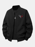 Relax Fit Bull Print Zip-Up Bomber Jacket