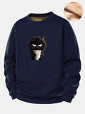 Black Cat Drinking Coffee Print Teddy Fleece Lined Sweatshirt
