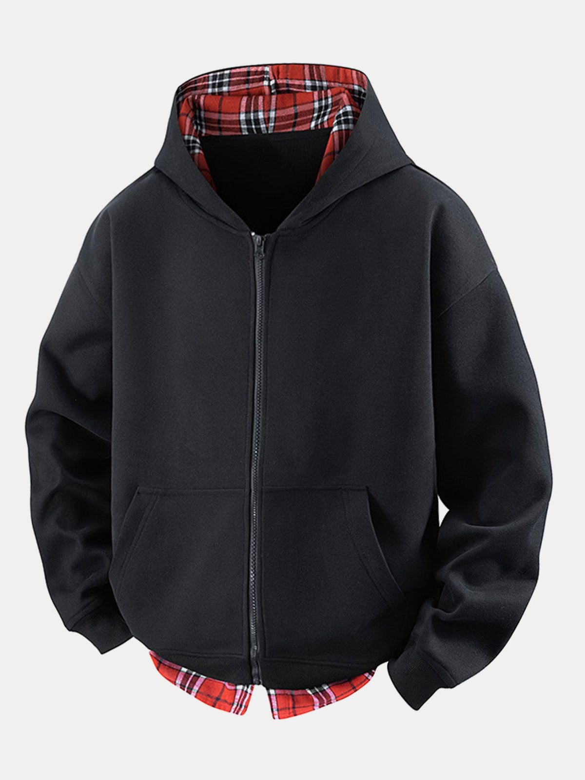 2 In 1 Plaid Zipper Kangaroo Pocket Hoodie