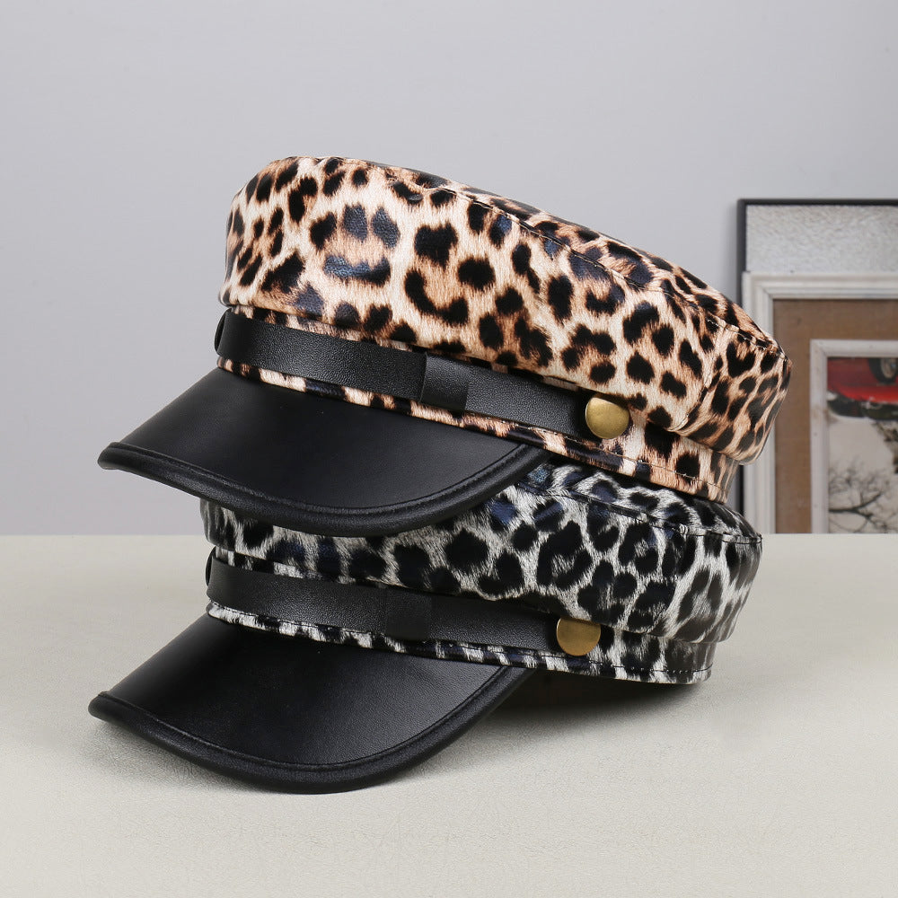 Finn Leopard Print Faux Leather Beret Hat