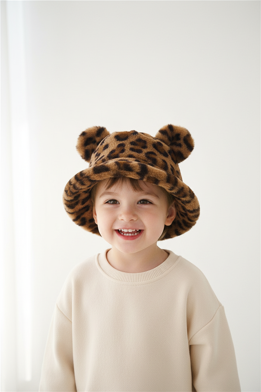 Brooks Kids Leopard Print Dome Beanie with Faux Fur Ear Detail – Toddler Winter Hat