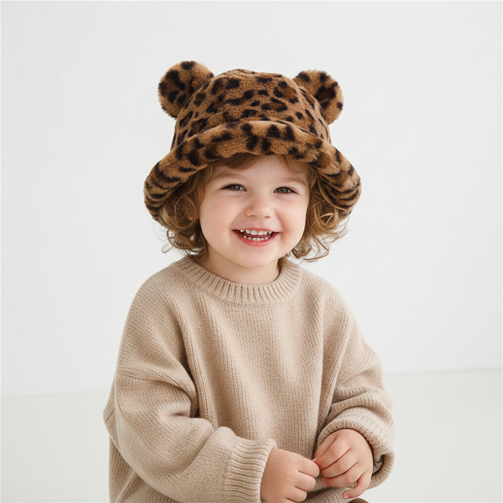 Brooks Kids Leopard Print Dome Beanie with Faux Fur Ear Detail – Toddler Winter Hat
