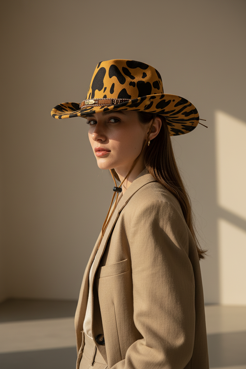 Sombrero de vaquero Tate de fieltro de lana con estampado de vaca, ala plana mediana