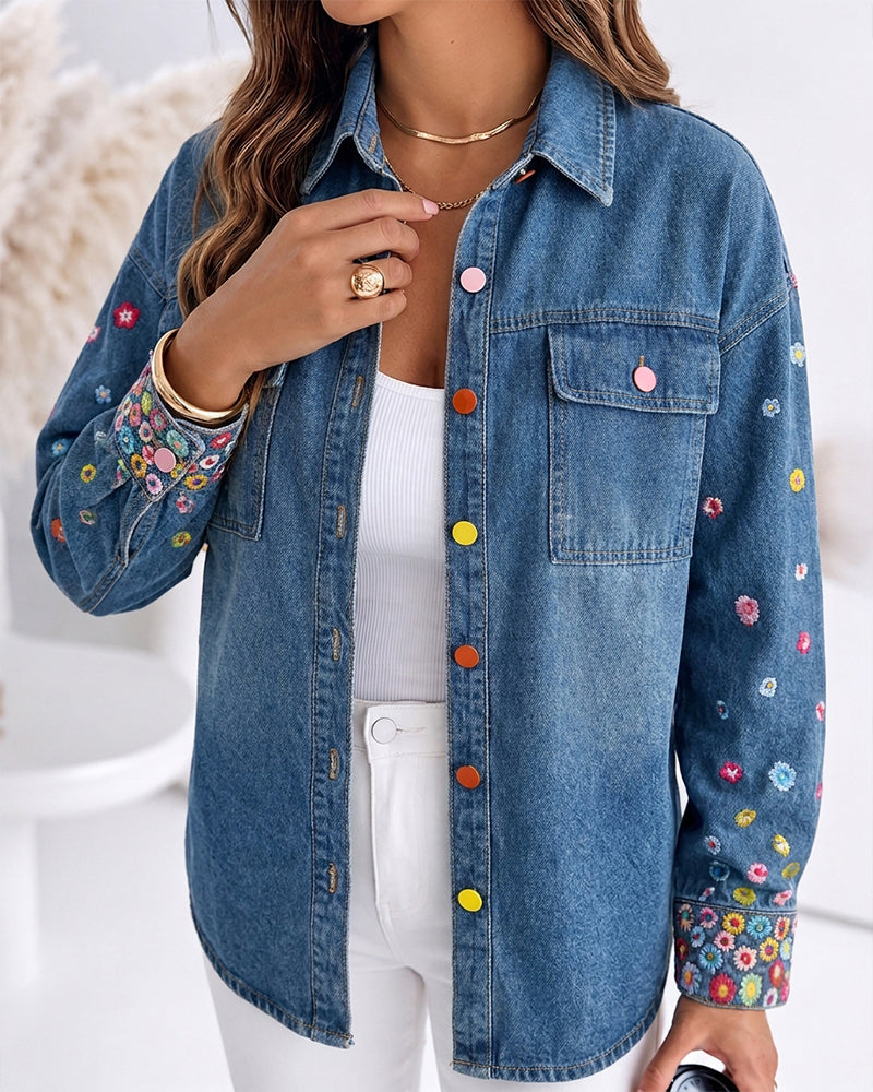 Women's Floral Embroidered Denim Jacket Colorful Button Down Jean Coat Casual Washed Shacket