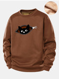 Zipper Black Cat Print Teddy Fleece Lined Sweatshirt