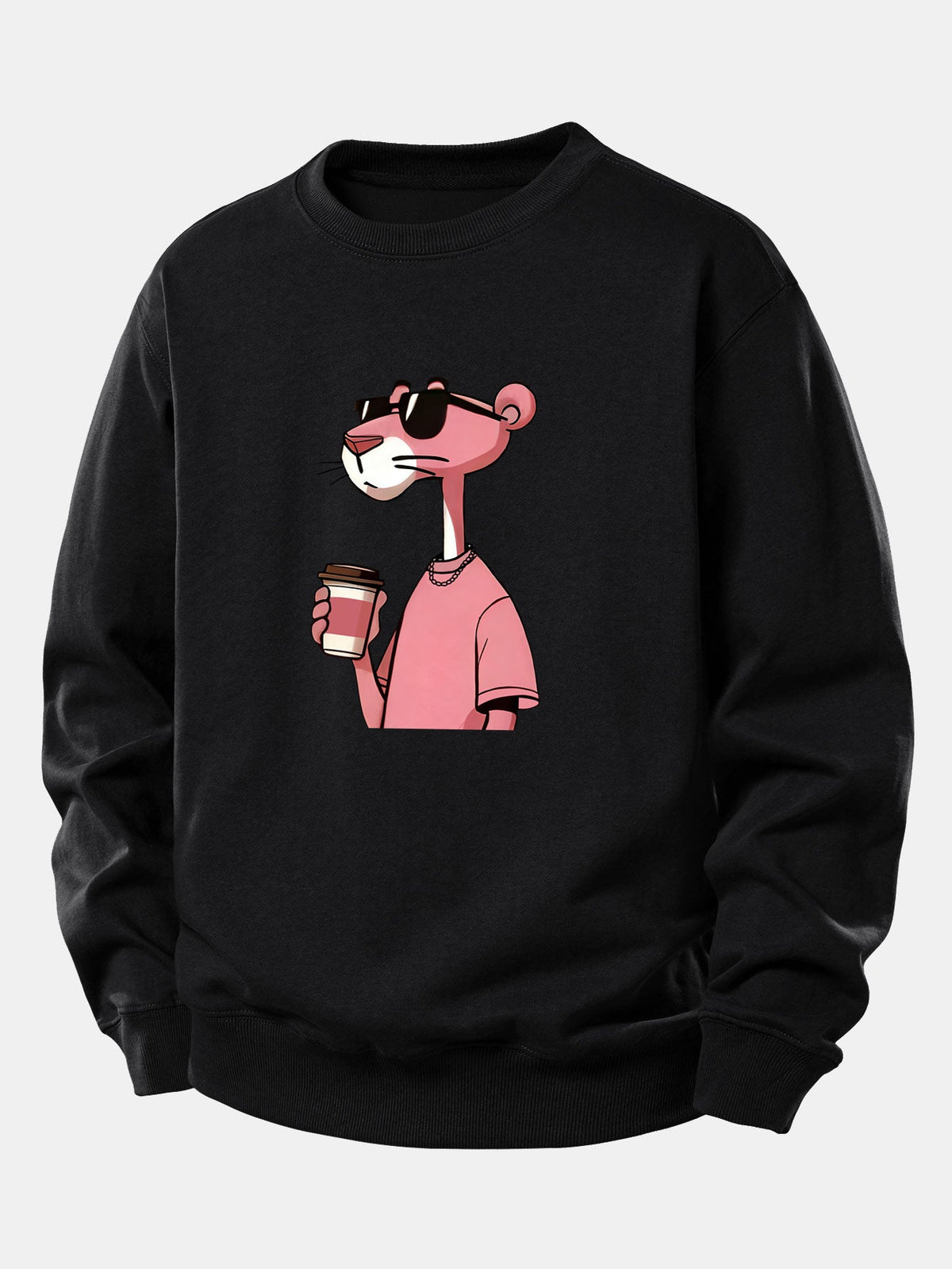 Pink Panther Drinking Coffee Print Relax Fit Sweatshirt