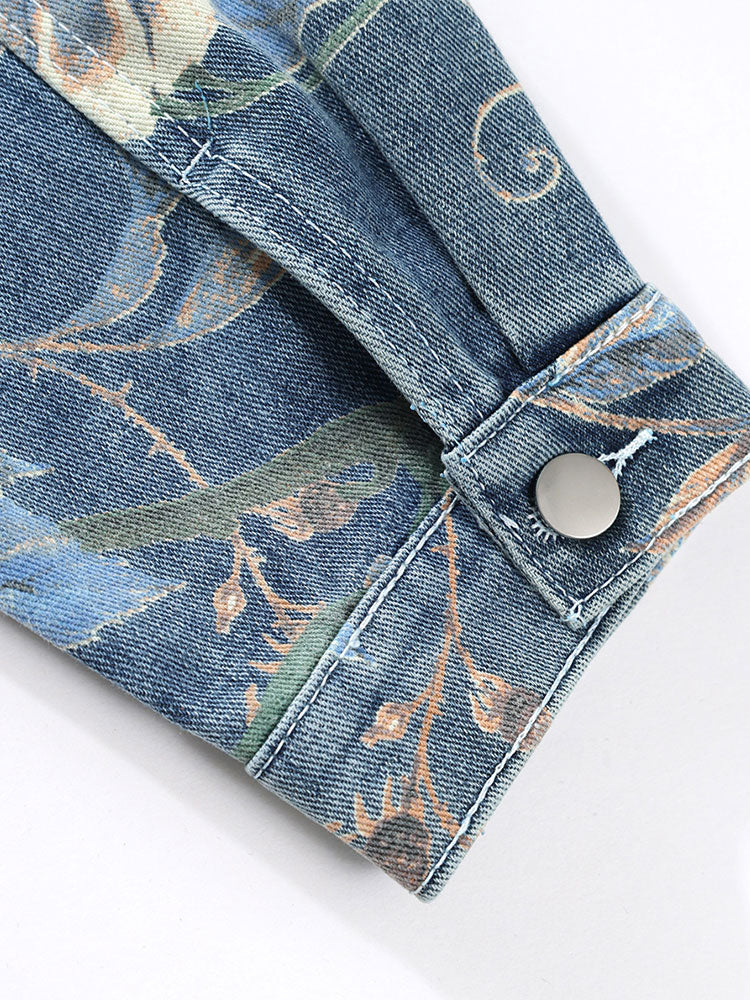 Relax Fit Flower Print Washed Denim Jacket