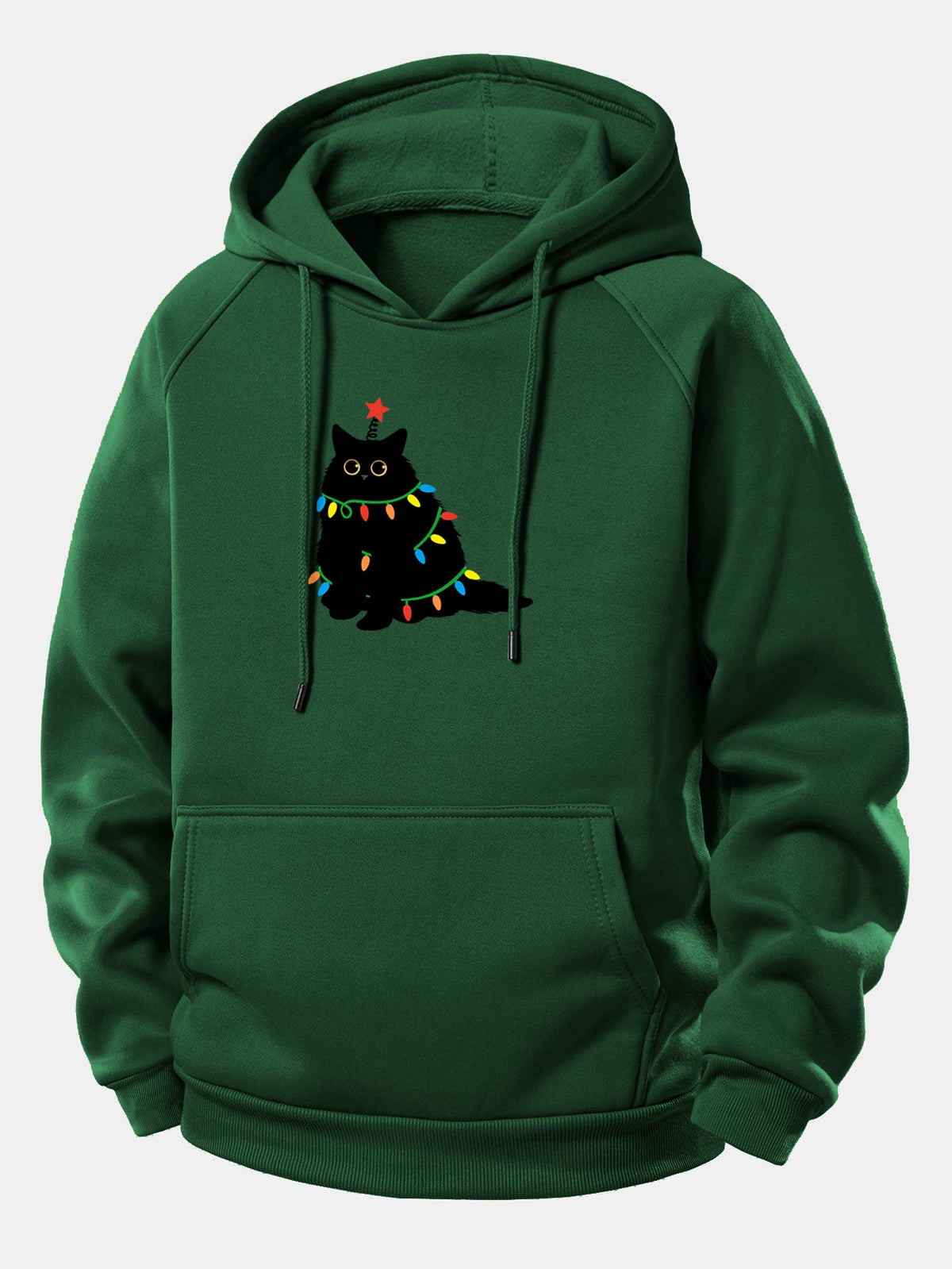 Christmas Lights Black Cat Print Drawstring Hoodie