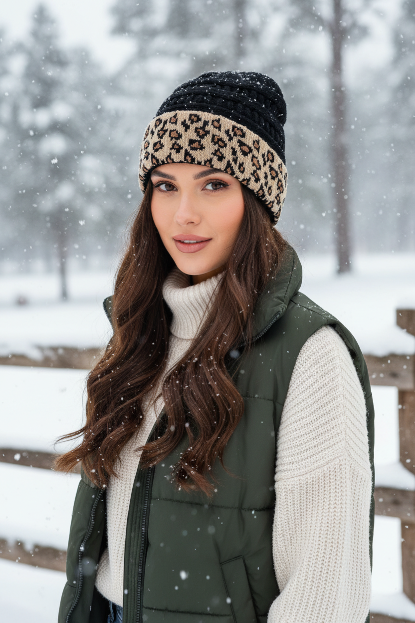 Tarver Leopard Print Cuffed Cable Knit Beanie – Warm, Windproof, 10 Colors