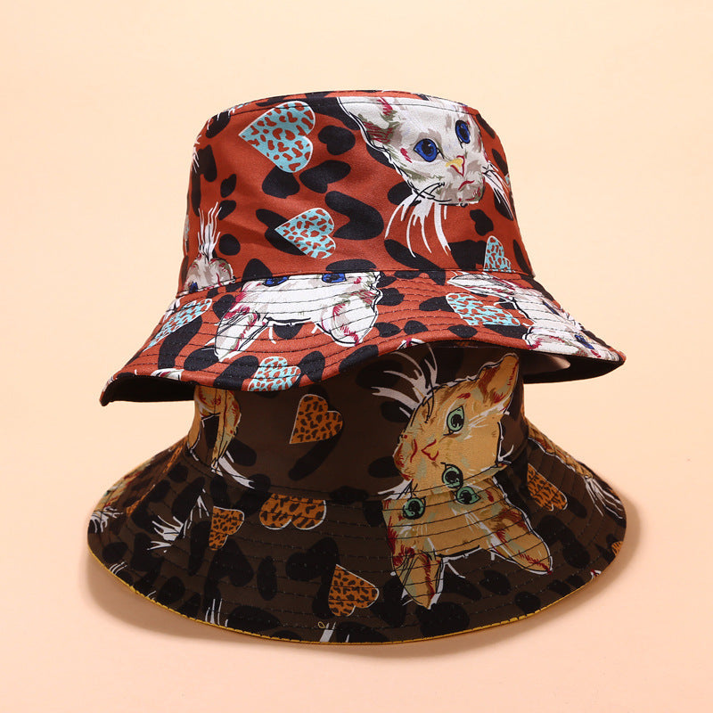 Cat Print Double-Sided Cotton Bucket Hat – Foldable, Unisex