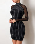 Women's Rhinestone Mock Neck Sheer Mesh Long Sleeve Bodycon Dress Mini Party Dress