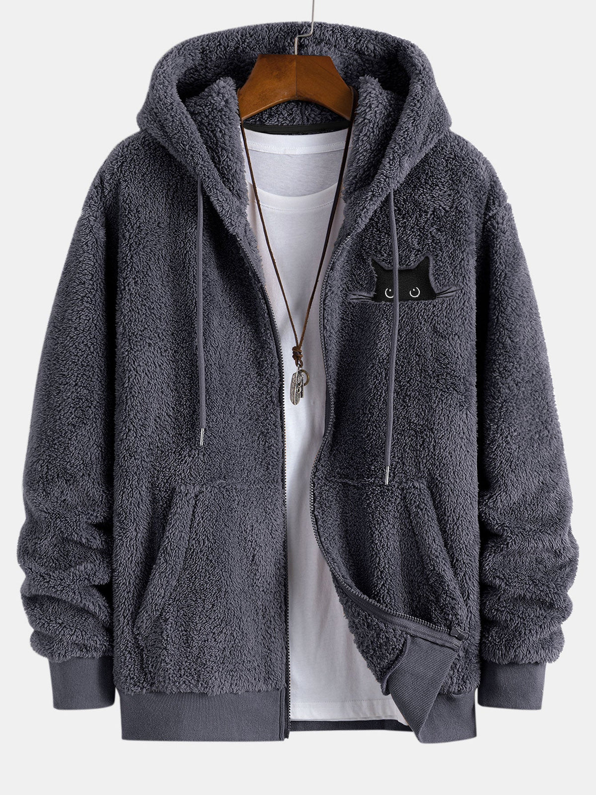Black Cat Embroidered Teddy Zip Up Hoodie