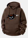 Zipper Black Cat Print Drawstring Hoodie