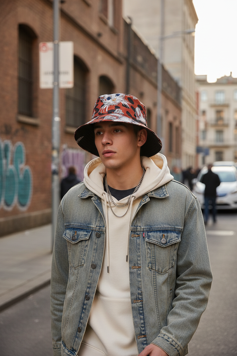 Cat Print Double-Sided Cotton Bucket Hat – Foldable, Unisex