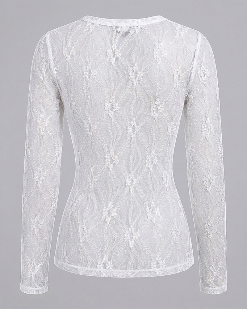 Women's Jacquard Textured Sheer Lace Long Sleeve Top Crewneck Slim Fit Tee with Thumb Holes