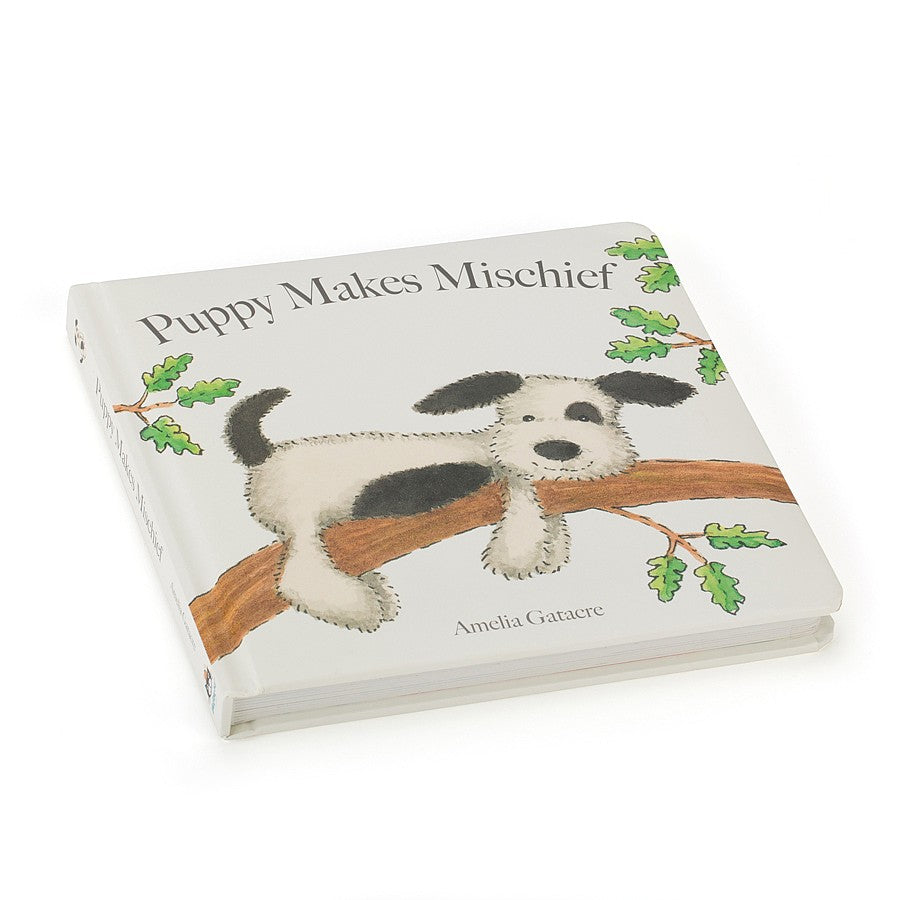 Livre Jellycat « Puppy Makes Mischief » (Chiot Bashful noir et crème) 19 cm