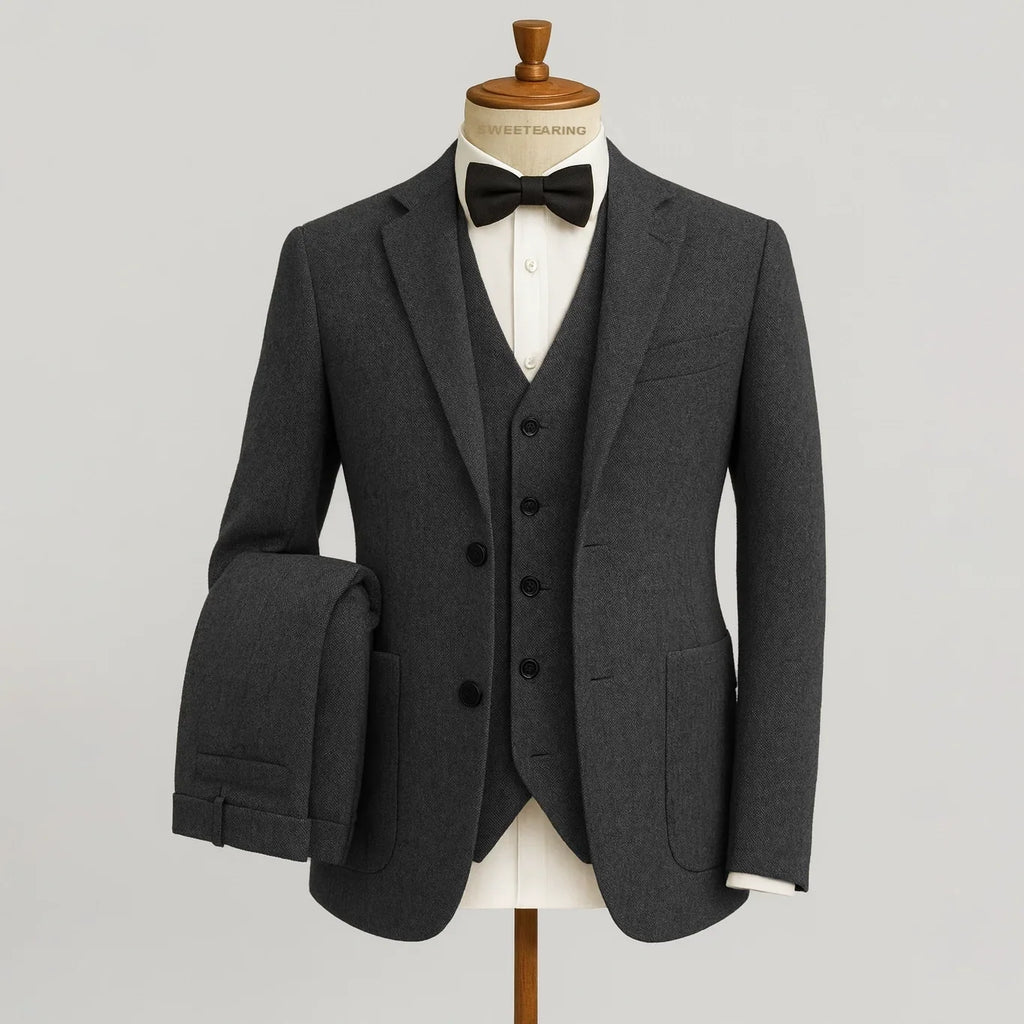 Sweetearing Tweed Suit Men's Vintage Classic Wedding Tuxedos