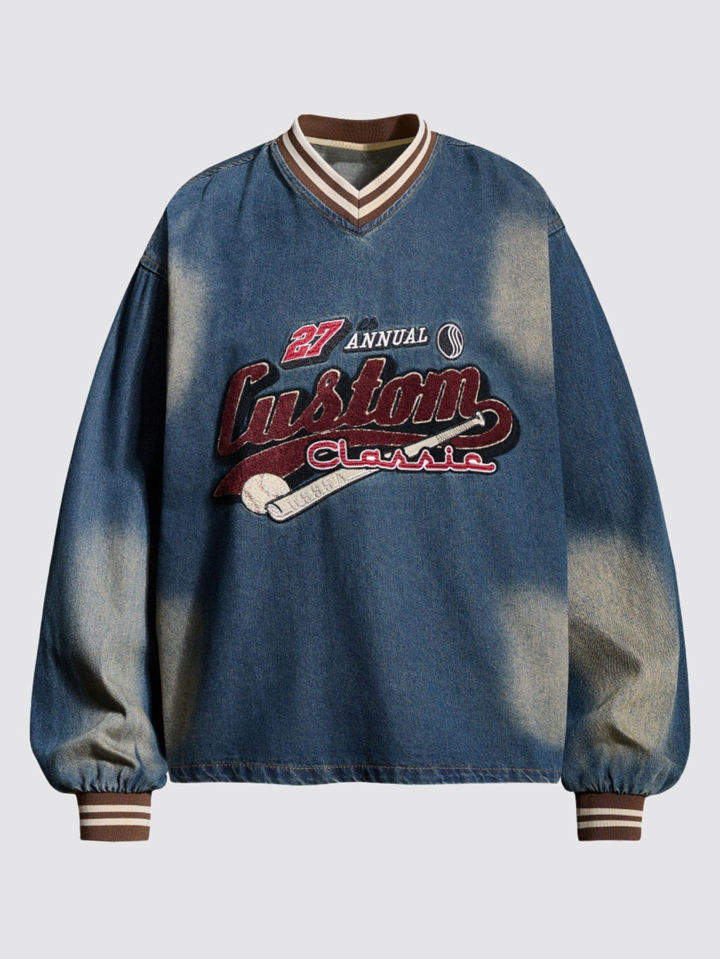 Vintage Washed Baseball Embroidered Denim Sweatshirt