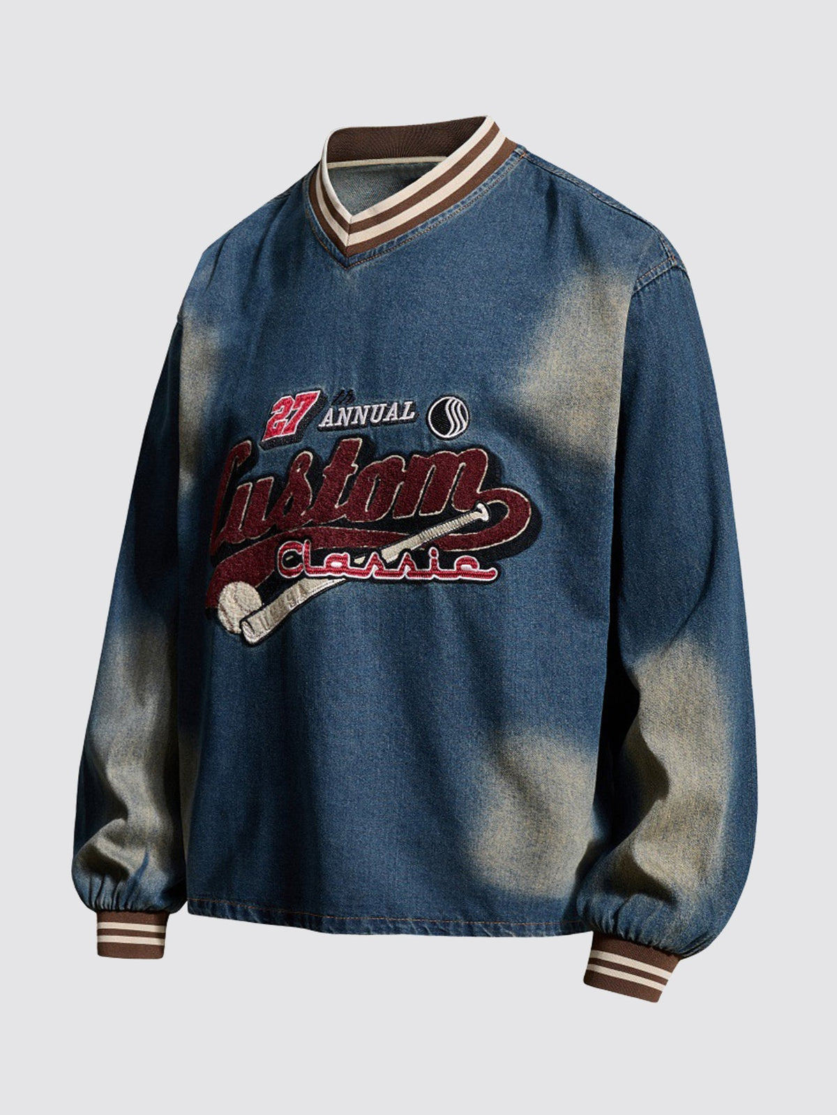 Vintage Washed Baseball Embroidered Denim Sweatshirt