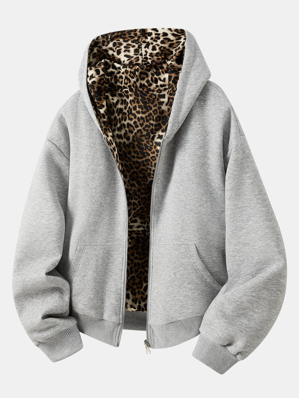 Sudadera con capucha, ajuste holgado y forro de leopardo reversible