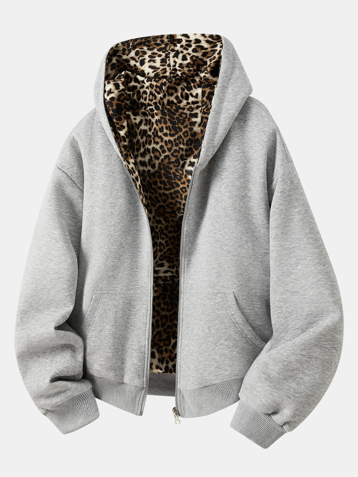 Sudadera con capucha, ajuste holgado y forro de leopardo reversible