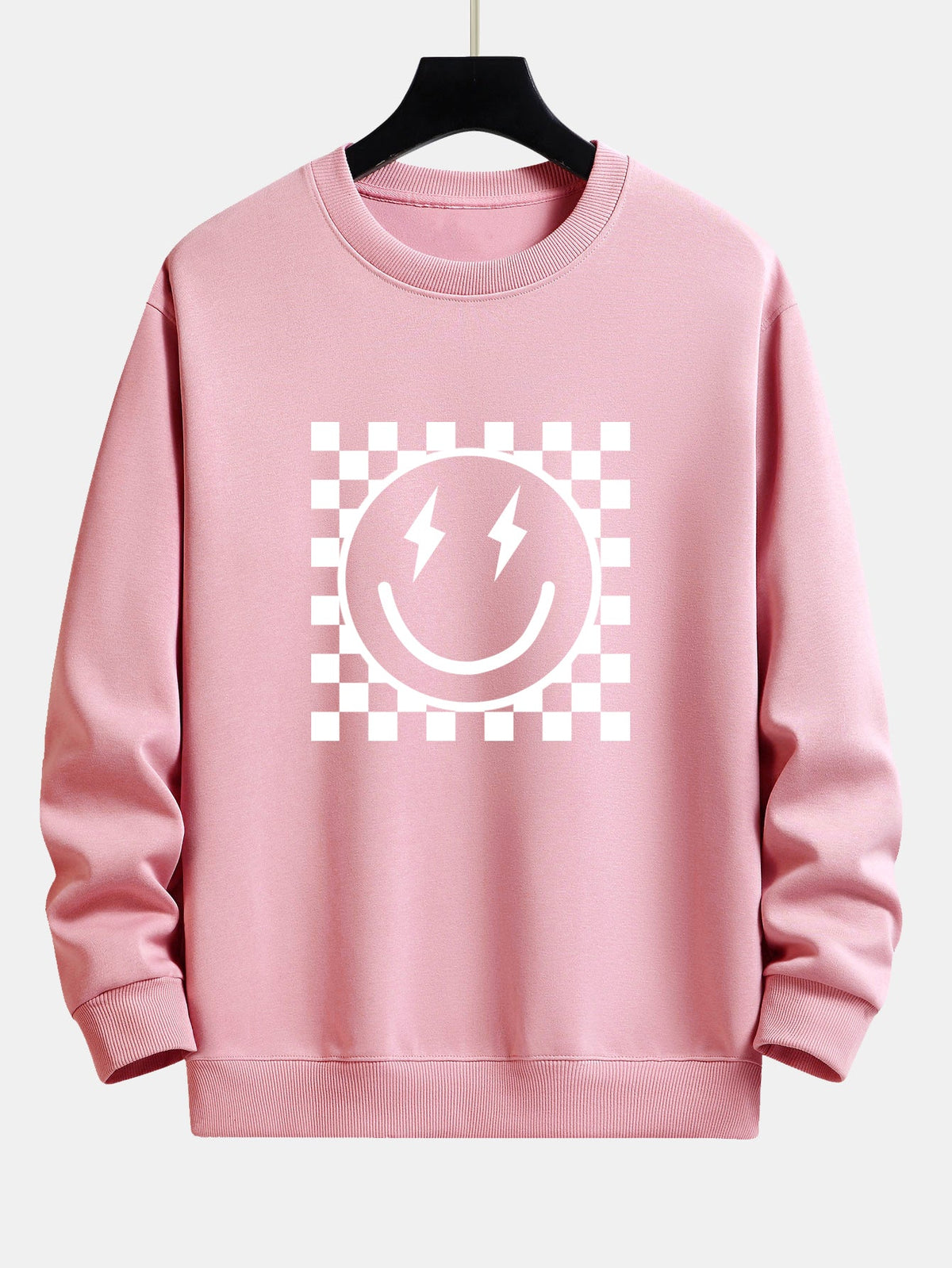 Chessboard Smiley Face Print Relax Fit Sweatshirt