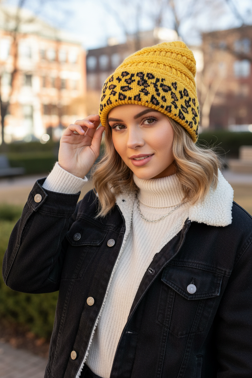 Bonnet à revers en tricot torsadé motif léopard Tarver – Chaud, coupe-vent, 10 couleurs