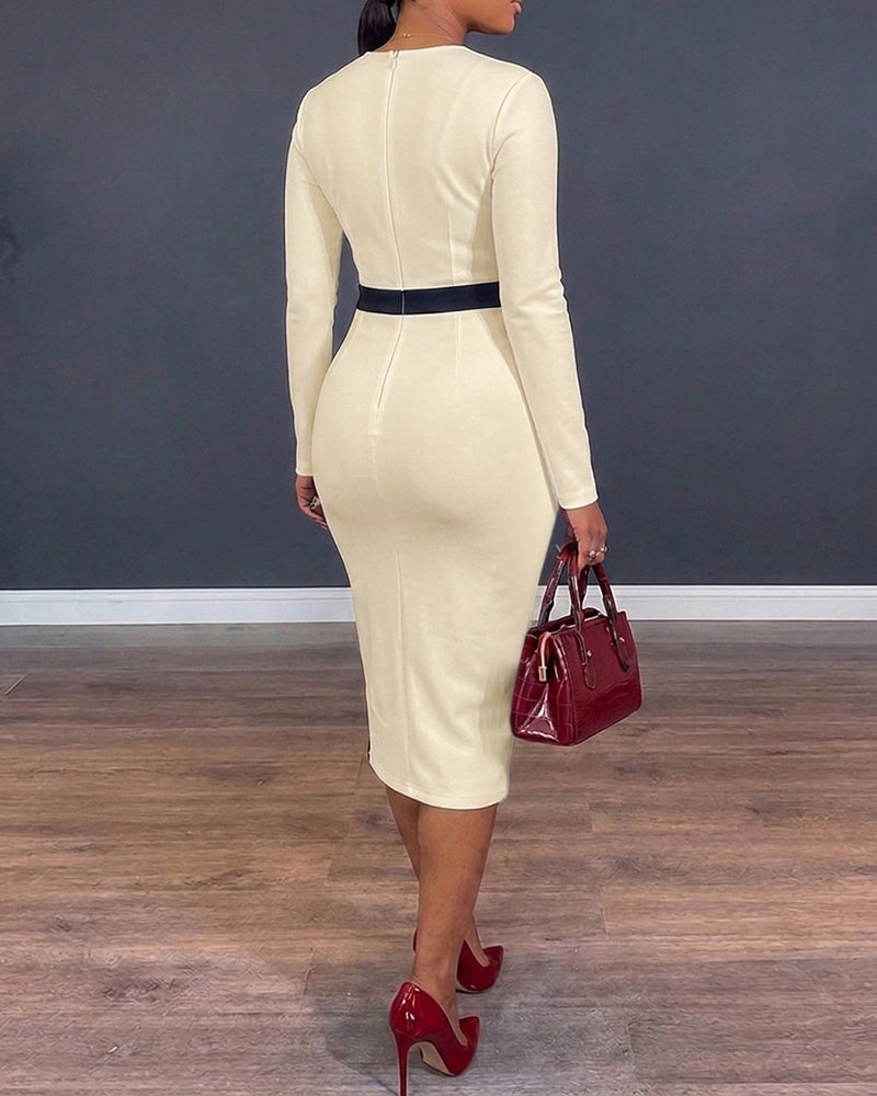 Women's Contrast Binding Midi Dress Long Sleeve Office Pencil Dress Slim Fit Side Slit Dress