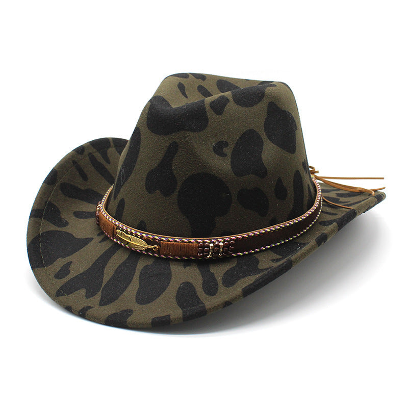 Sombrero de vaquero Tate de fieltro de lana con estampado de vaca, ala plana mediana