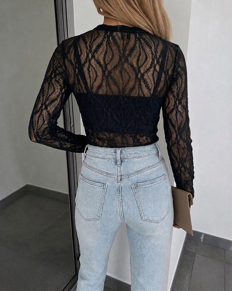 Women's Jacquard Textured Sheer Lace Long Sleeve Top Crewneck Slim Fit Tee with Thumb Holes