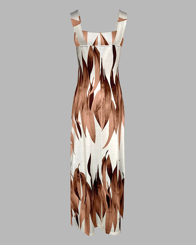 Plants Print Square Neck Thick Strap Maxi Dress Casual Slim Fit Side Slit Vacation Dress with Pockets