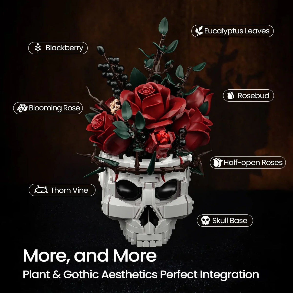 Gothic Skull Roses Bouquet Building Blocks Set