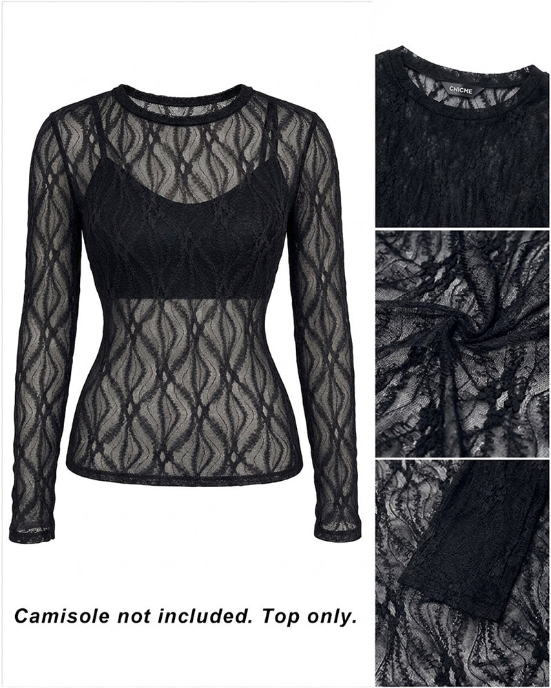 Women's Jacquard Textured Sheer Lace Long Sleeve Top Crewneck Slim Fit Tee with Thumb Holes
