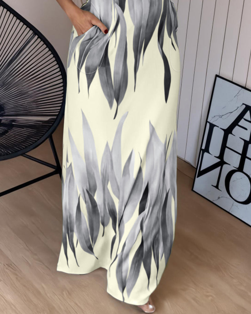 Plants Print Square Neck Thick Strap Maxi Dress Casual Slim Fit Side Slit Vacation Dress with Pockets