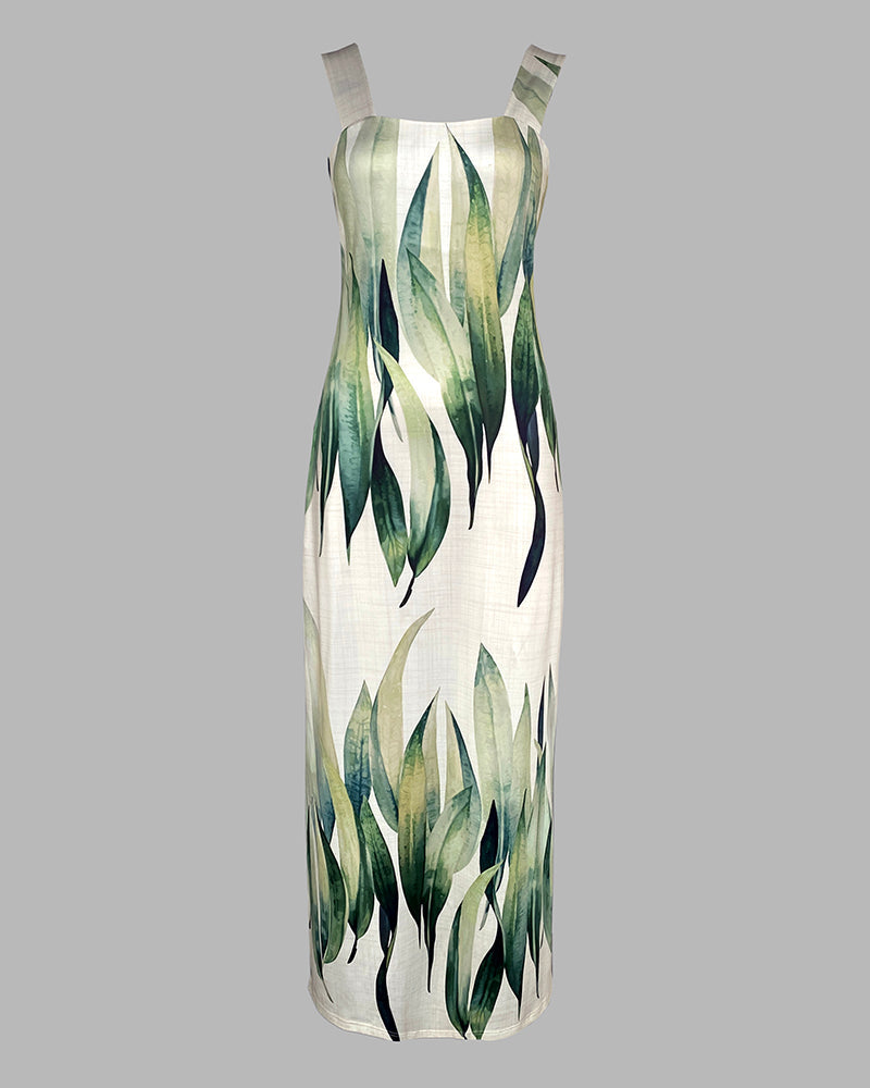 Plants Print Square Neck Thick Strap Maxi Dress Casual Slim Fit Side Slit Vacation Dress with Pockets