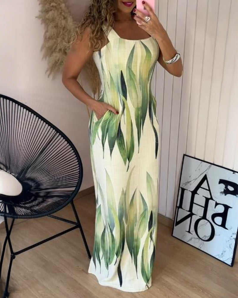 Plants Print Square Neck Thick Strap Maxi Dress Casual Slim Fit Side Slit Vacation Dress with Pockets