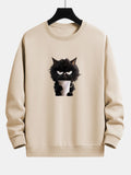 Black Cat Drinking Coffee Print Relax Fit Sweatshirt