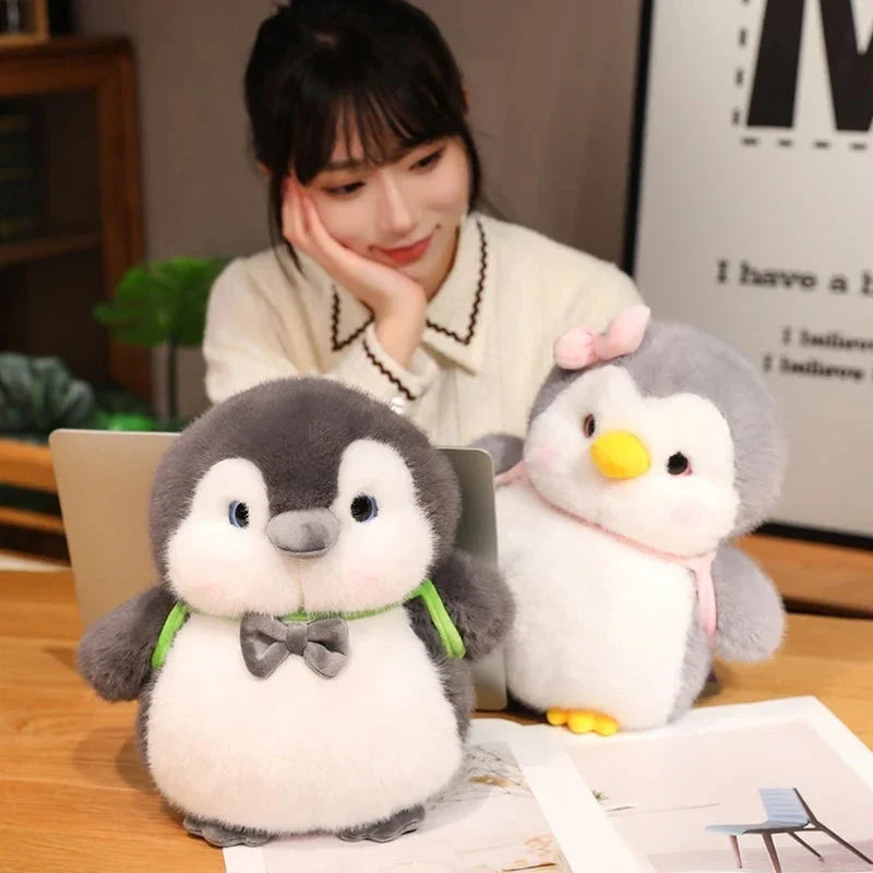 Fluffy Gray Penguin Plushie with Turtle Backpack