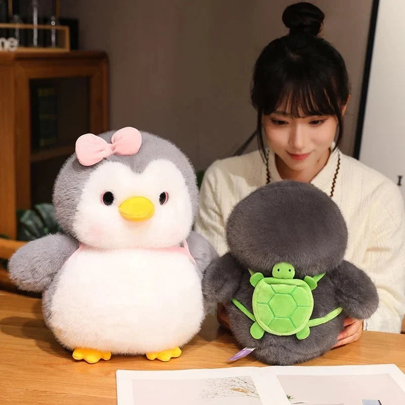 Fluffy Gray Penguin Plushie with Turtle Backpack