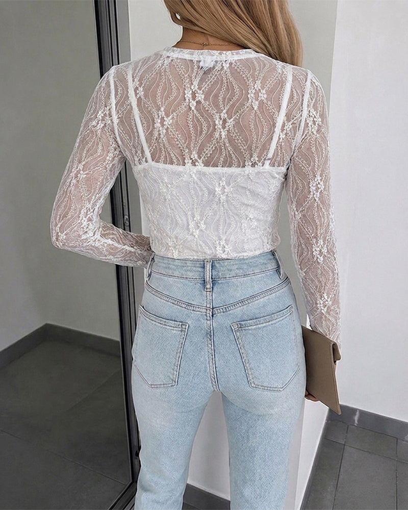 Women's Jacquard Textured Sheer Lace Long Sleeve Top Crewneck Slim Fit Tee with Thumb Holes